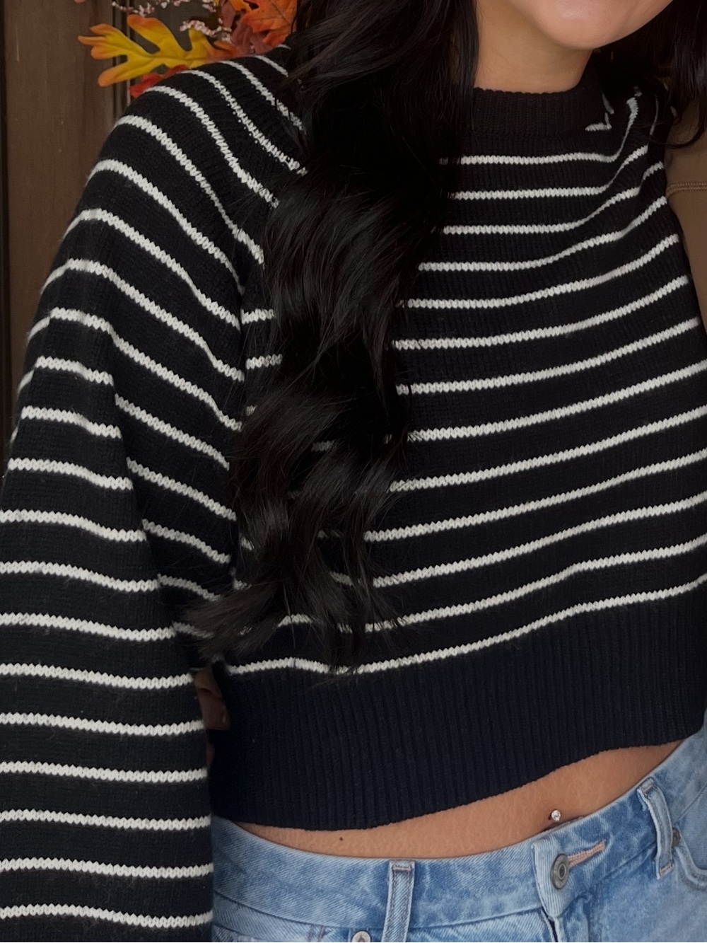 Olivaceous Black & White Striped Crewneck Sweater